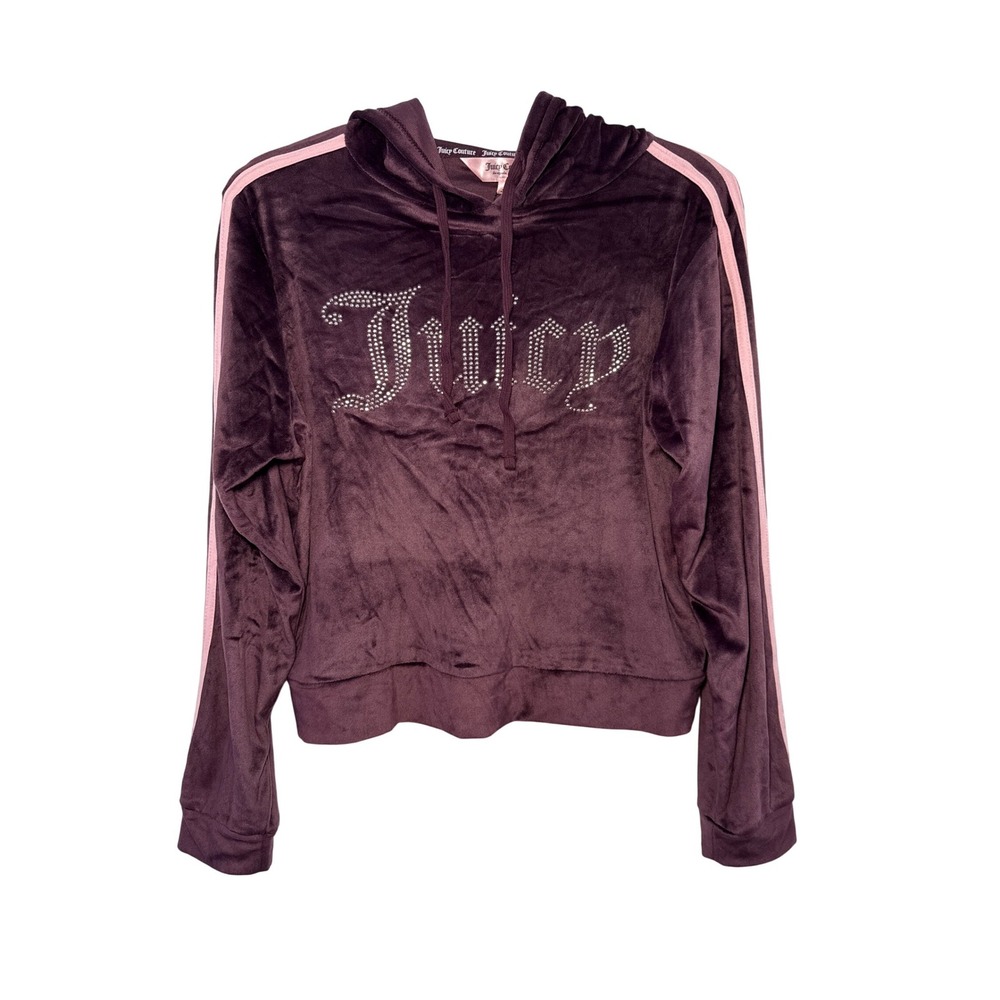 Juicy Couture Velour‎ Rhinestone Logo Cropped Womens Hoodie Medium Y2K Preppy